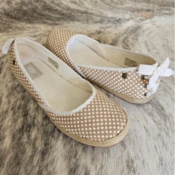UGG Indah Sheepskin Polka Dot Lace Up Burlap Flats - Picture 1 of 10